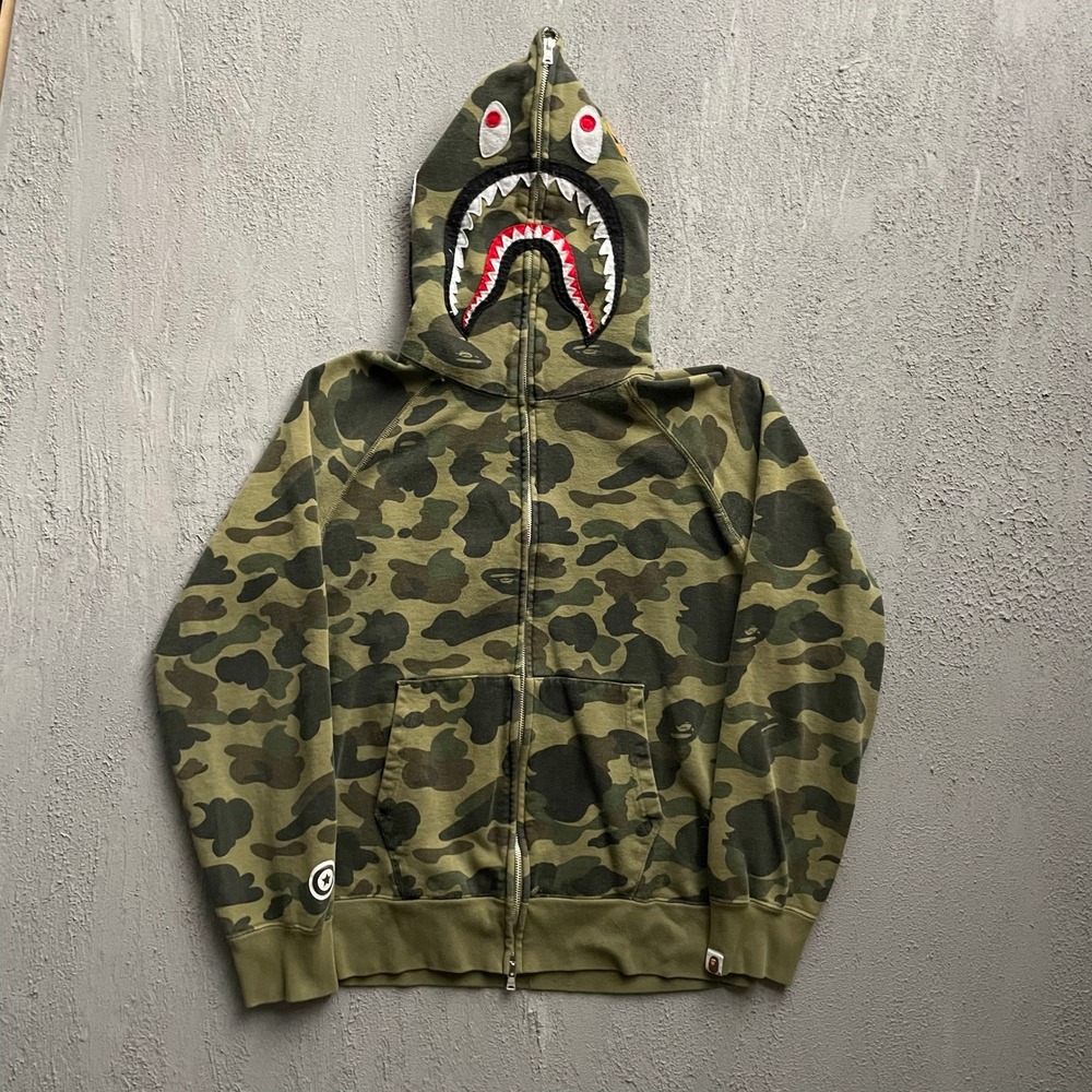 A Bathing Ape Shark WGM Full Zip Hoodie Men Large Green Camo
